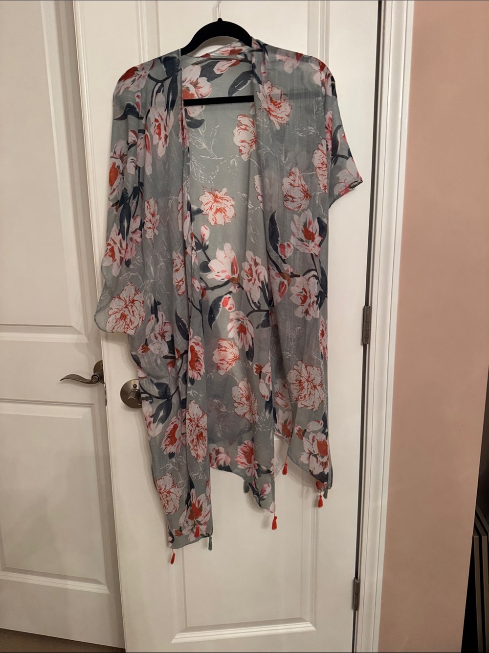 Light Gray Floral Scarf with Coral Blooms